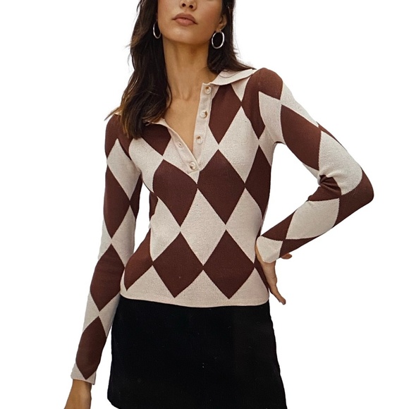 NWOT NASTY GAL Clueless Harlequin Print Fitted Polo Argyle Preppy Knit Sweater M - Picture 1 of 15